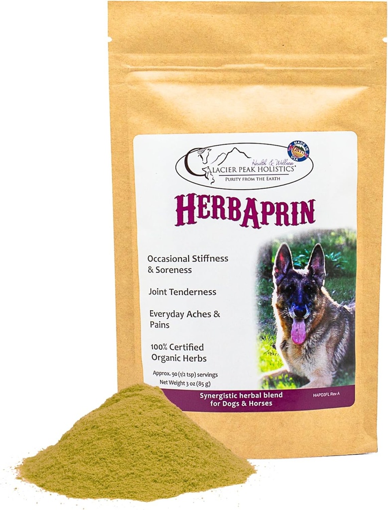 Glacier Peak Holistics HerbAprin - Soulagement de la douleur naturelle pour chiens, mélange d'herbe biologique pour l'arthrite, les douleurs, les douleurs, l'inflammation, le soutien de la mobilité et le malaise de la hanche et des articulations - 3oz (90 portions)