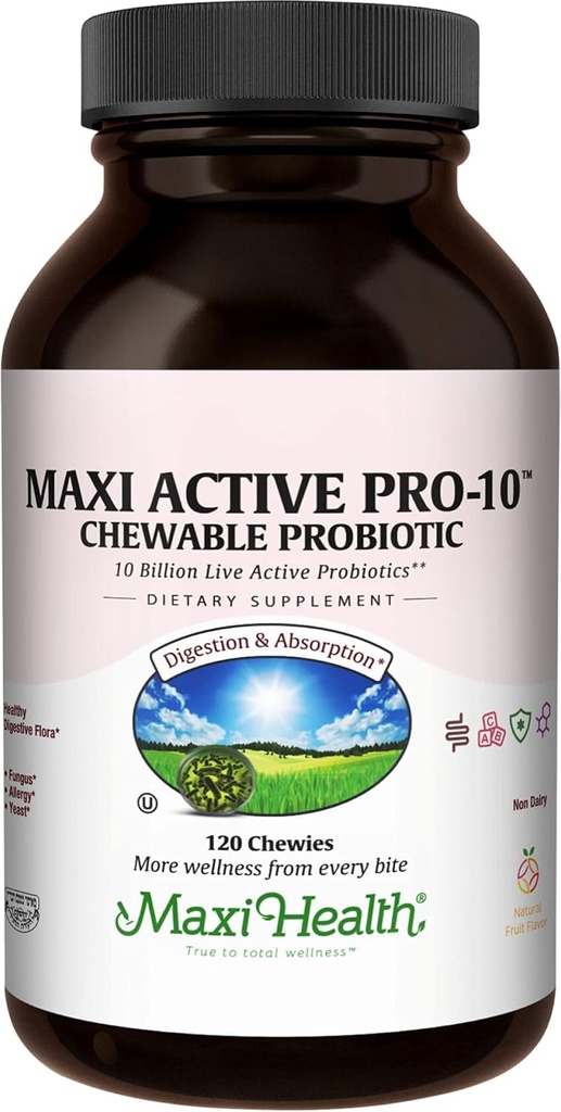 Maxi Health Active Pro-10 Kids Probiotic Chewables – 15 Strains for Digestive ' Immune Health –10 Billion probiotic Blend- Dairy-Free, Kosher – Supports Gut Health, Vegetarian – 60 ct (Shelf Stable)