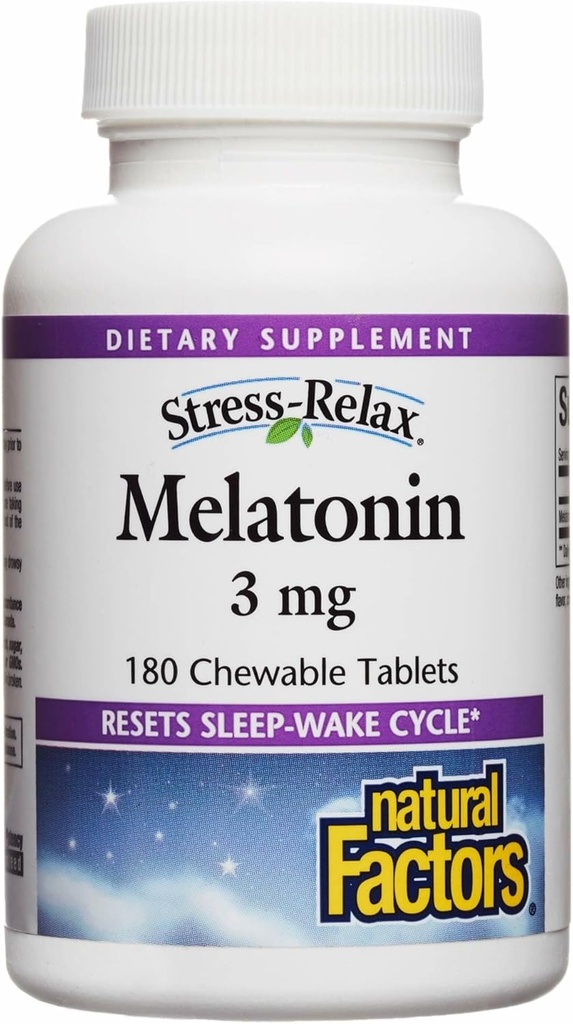 Stress-Relax Melatonin 3 mg by Natural Factors, Natural Sleep Aid, Resets the Sleep-Wake Cycle, 180 chewable tablets (180 servings), Peppermint Flavor