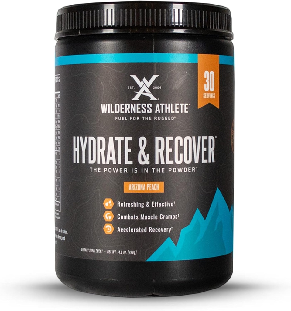 Wilderness Athlete - Hydrate & Recover | Liquid Hydration Powder Electrolyte Drink Mix - Bcaas와 함께 패스너를 복구 - 비타민 C 1000mg의 하이드로 테 파우더 - 30 서빙 욕조 (Arizona Peach)