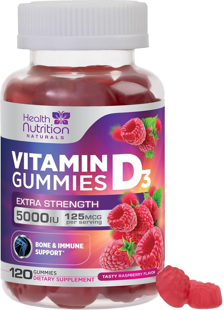 비타민 D3 Gummies 5000 IU (125 mcg) - 트리플 강도 뼈와 면역 지원, 비타민 D 거미 규정식 보충교재, 자연의 베리 D 비타민 보충, 라즈베리 맛, 비 GMO - 120 Gummies