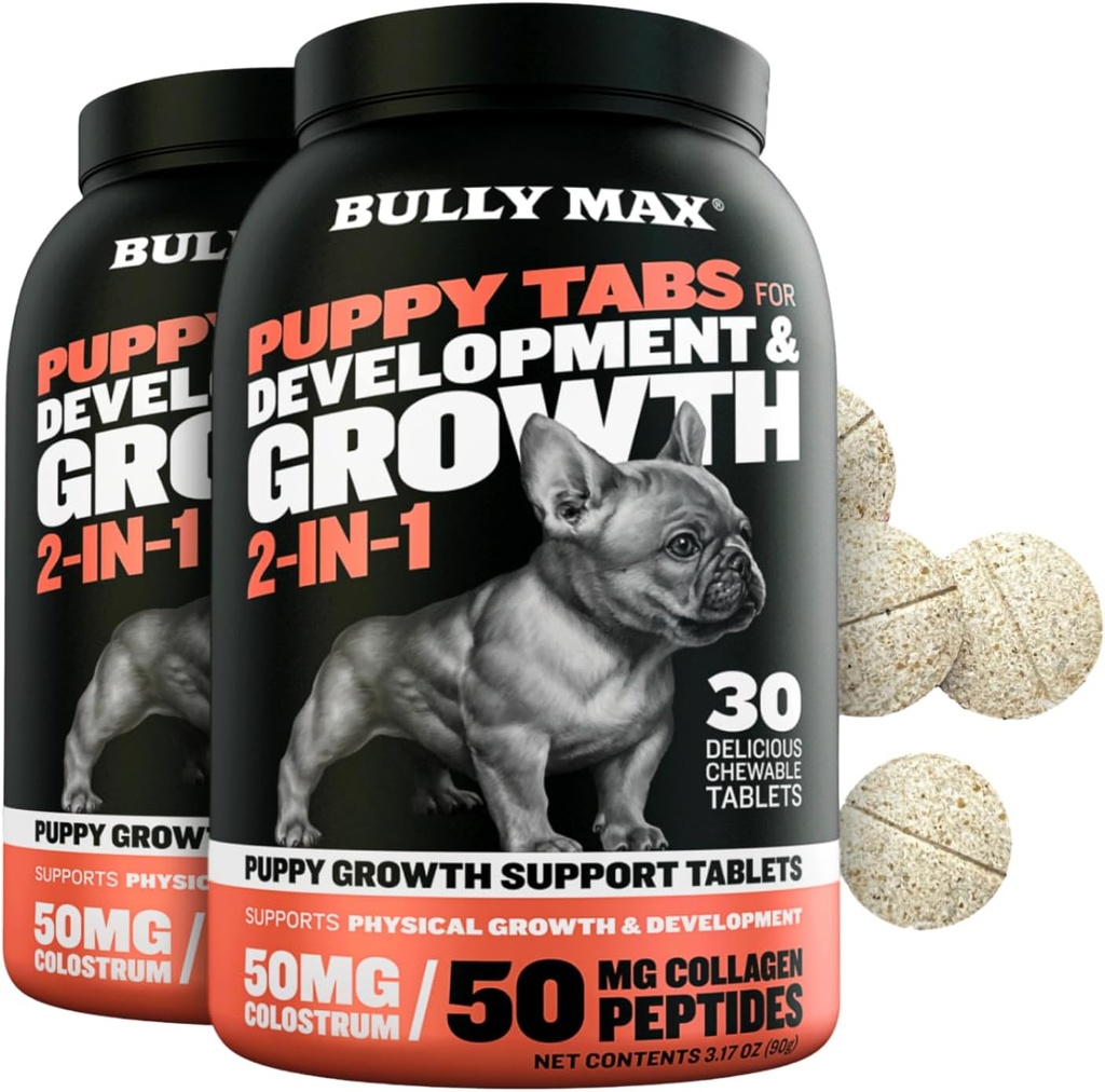 Bully Max 2-em-1 Vitaminas para filhotes - 30 comprimidos mastigáveis para o crescimento e desenvolvimento de filhotes - Multivitamin Doces e suplementos de cães essenciais para cães pequenos e filhotes de crescimento de raça grande - 2 garrafas