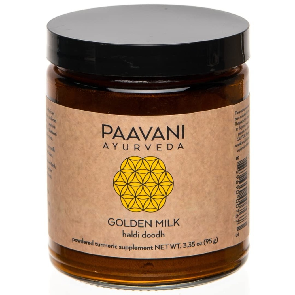 Ayurveda Golden Milk, Organic Turmeric Haldi Doodh Mix, 3.35 Oz | Organic turmeric blended with cinnamon, ginger, ashwagandha, shatavari, cardamom and black pepper—vegan and gluten-free