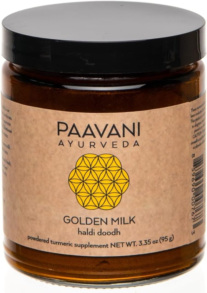 PAAVANI Ayurveda Zelta piens - ražots ASV - Ayurvedic Turmeric & Ashwagandha Blend - Pulverveida Pielikums - Haldi Doodh - 100% Organic - 38 Servē