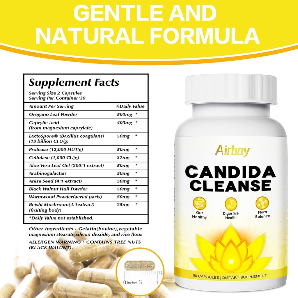 Airboy Candida Cleanse,Gut Colon Cleanse Detox per le donne e gli uomini,Candi Supporto con Oregano Foglia, Acido Caprylic,Wormwood, Nero Walnut-60 Conta