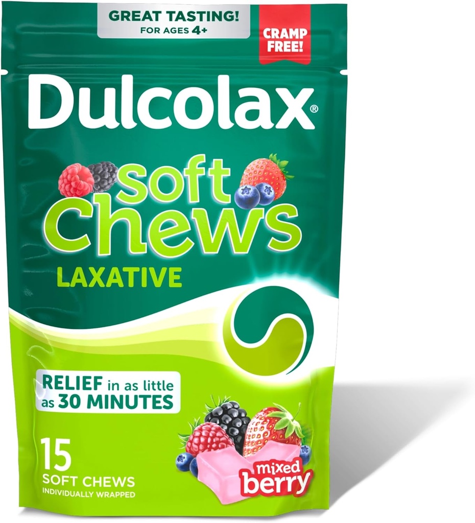 Dulcolax Saline Laxative Soft Chews, Gentle Constipation Relief, Mixed Berry Flavor, Magneziu Hydroxide 1200 mg, 15 Count