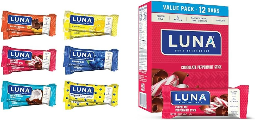 LUNA Bar Variety Pack (12 Count) + Šokolādes Piparmētru Stikls (12 Pack) - Bezglutēna Uzkodas Bars