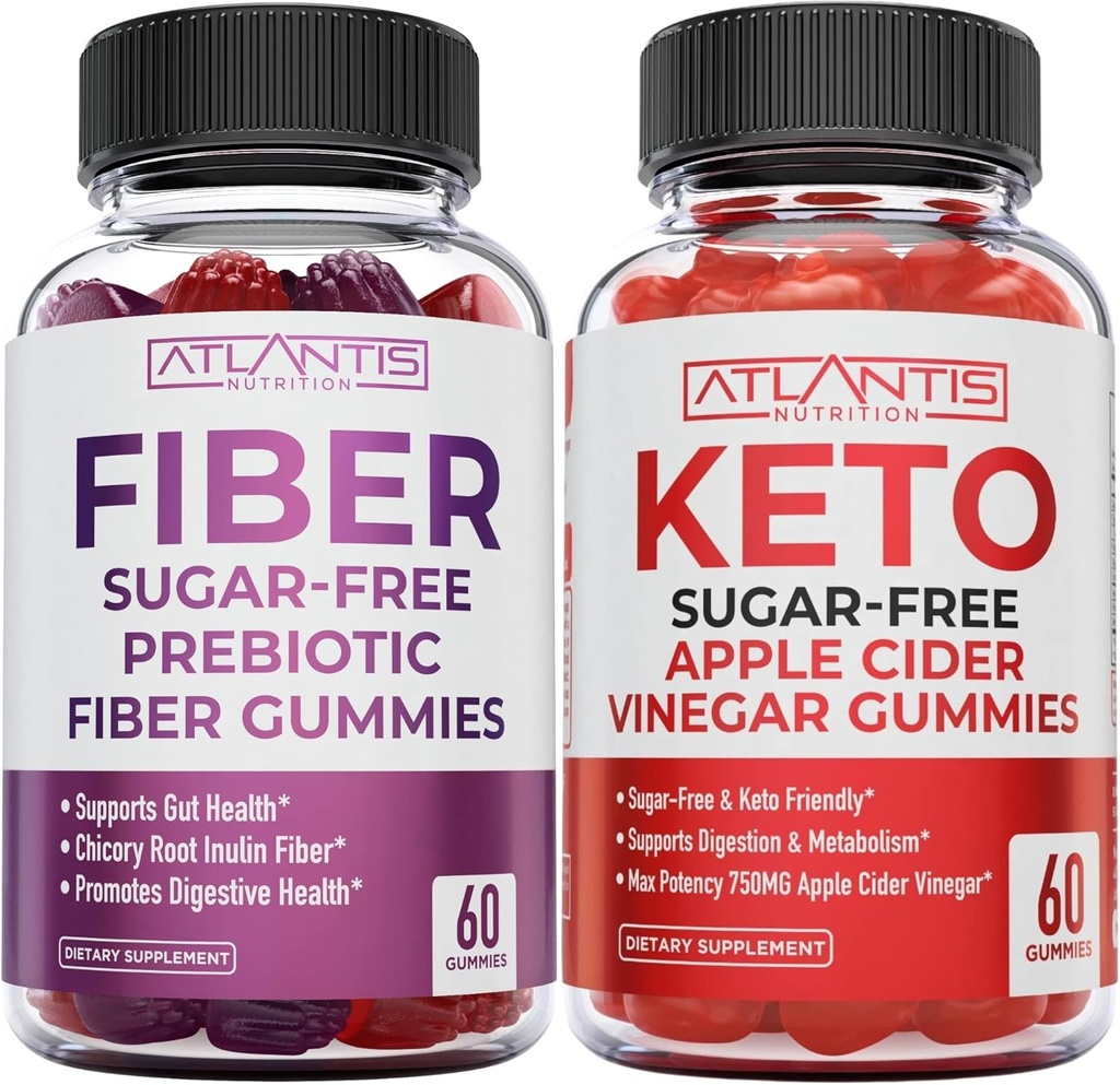 Atlantis Nutrition Sugar Free Prebiotic Fiber Gummies for Adults 2-Pack (120 Gummies) + Sugar Free Keto Apple Cider Ocogar 60 Gummies