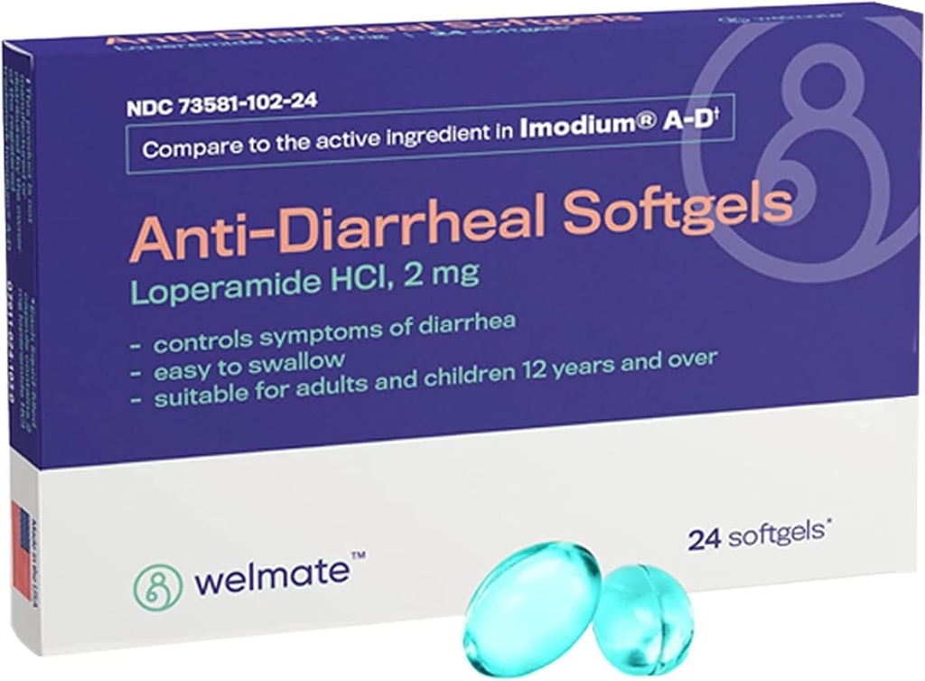 WELMATE - Anti- Diarrheail Softgels (24 Softgels) - Loperamid HCL 2 mg - Průjem Symptomatická úleva - Upset Stomach Reliever - Anti Diarrhea pilulky - Over- The- Counter Medication