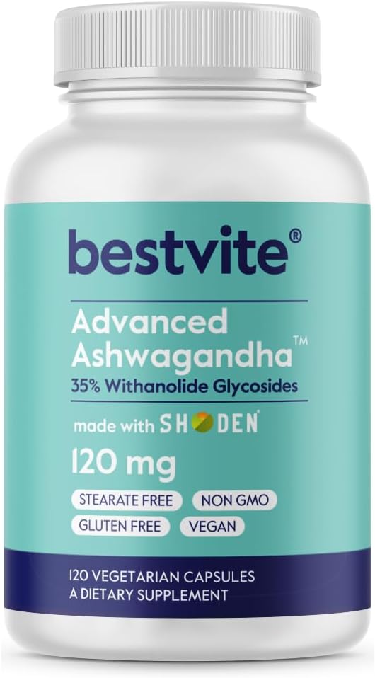 BESTVITE Advanced Ashwagandha 120mg w/Shoden (120 capsule vegetariane) - Studi clinici che contengono industria che conducono il 35% con glicosidi anonimi - No Stearates - Vegan - Non OGM - Gluten Free