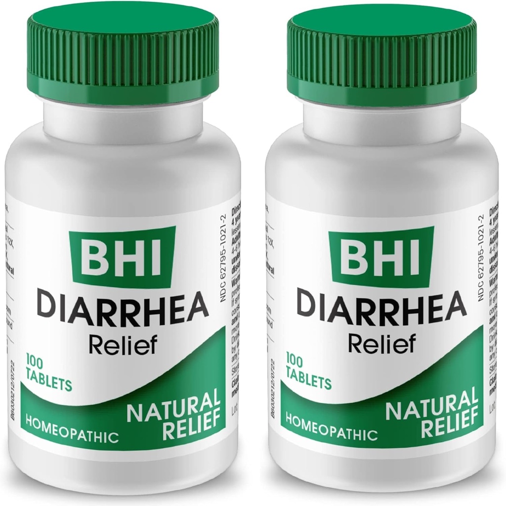 BHI Diarrhea Relief Fast-Acting Natural Remedy for Mild Diarrhea - 8 Soothing Homeopathic Actives Help Calm Stomach Ache, Gas & Cramps for Women & Men - 100 Tablets (Pack of 2)