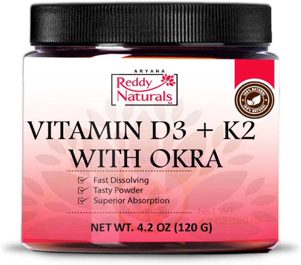 Reddy Naturals Vitamín D3 K2 Powder s Okrou - Rastlinné, rýchle rozpúšťanie s prírodnými chuťami, Non-GMO- Denné Wellness Formula - 4.2 OZ (120g)