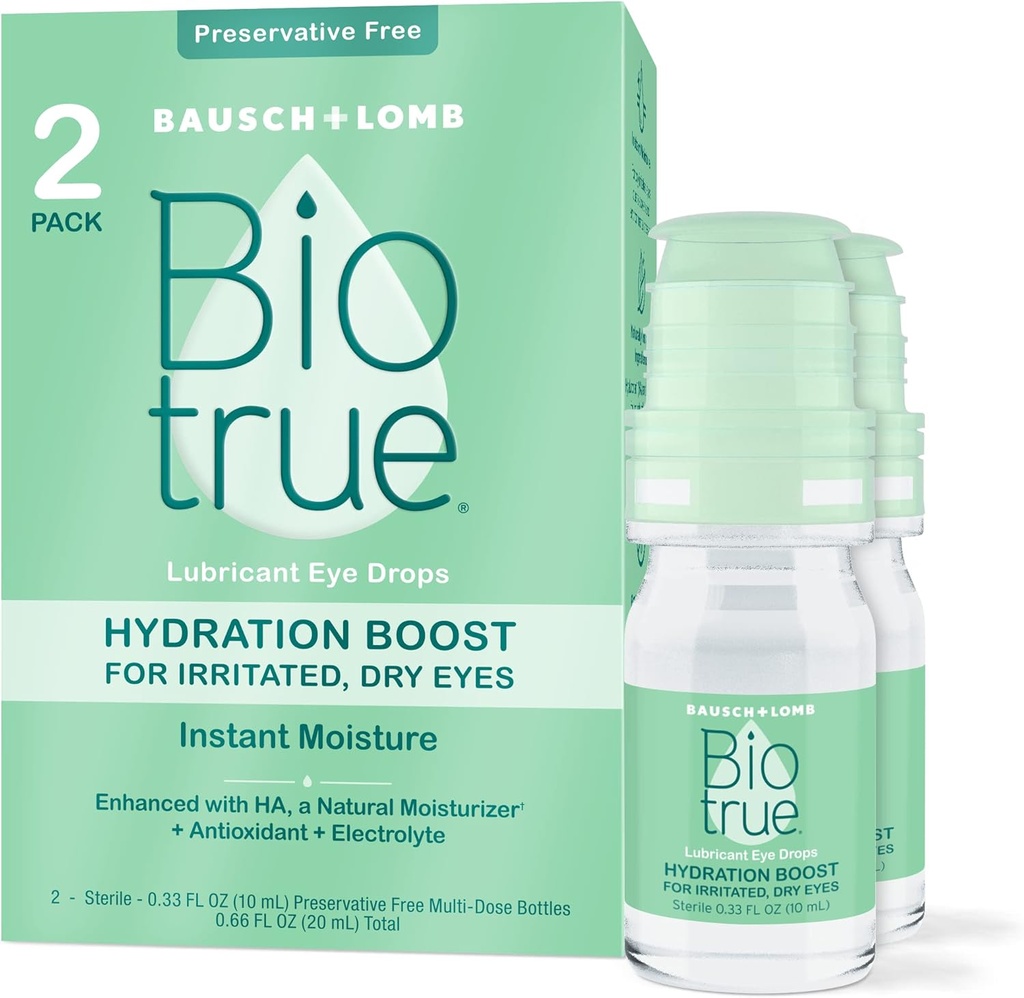 Biotrue Hydration Boost, begi-hustuak begi lehorretan, berehala hidratatuak, kontaktu- Lens Friendly, Freskatu eta lasaitu begi-nahasketa, 0.33 FL Oz (2ko paketea)