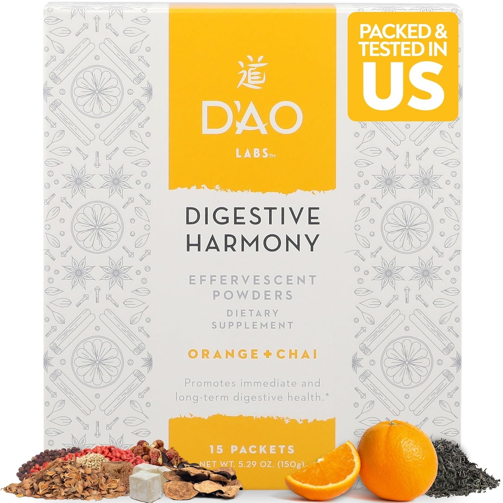 D 'AO Labs Digestive Harmony - Organic Digestive Ferzymes - Tradiciniai kinų žolelės ir čai milteliai - Orange- Chai Flavor - Atsarginis Harmonijos dekoravimas (Bao He Wan) - 15 Individualios paslaugos