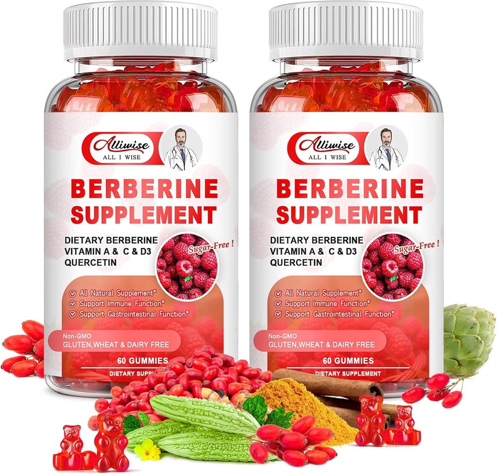 Sugar-Free Berberine Supplement Gummies, Original Berberine HCL with Ceylon Cinnamon, Quercetin, Multivitamin, Support Immune & Gastrointestinal Function & Metabolism for Women & Men