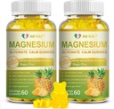 Magneziu Glycinate Gumries 400mg, Sugar Free Magneziu Taurate,Magnesium Malate Supliment cu vitamina D, B6, CoQ10 pentru relaxare, Stres Relief, Muscle, Bone & Sleep Support-120 Gumies Ananas