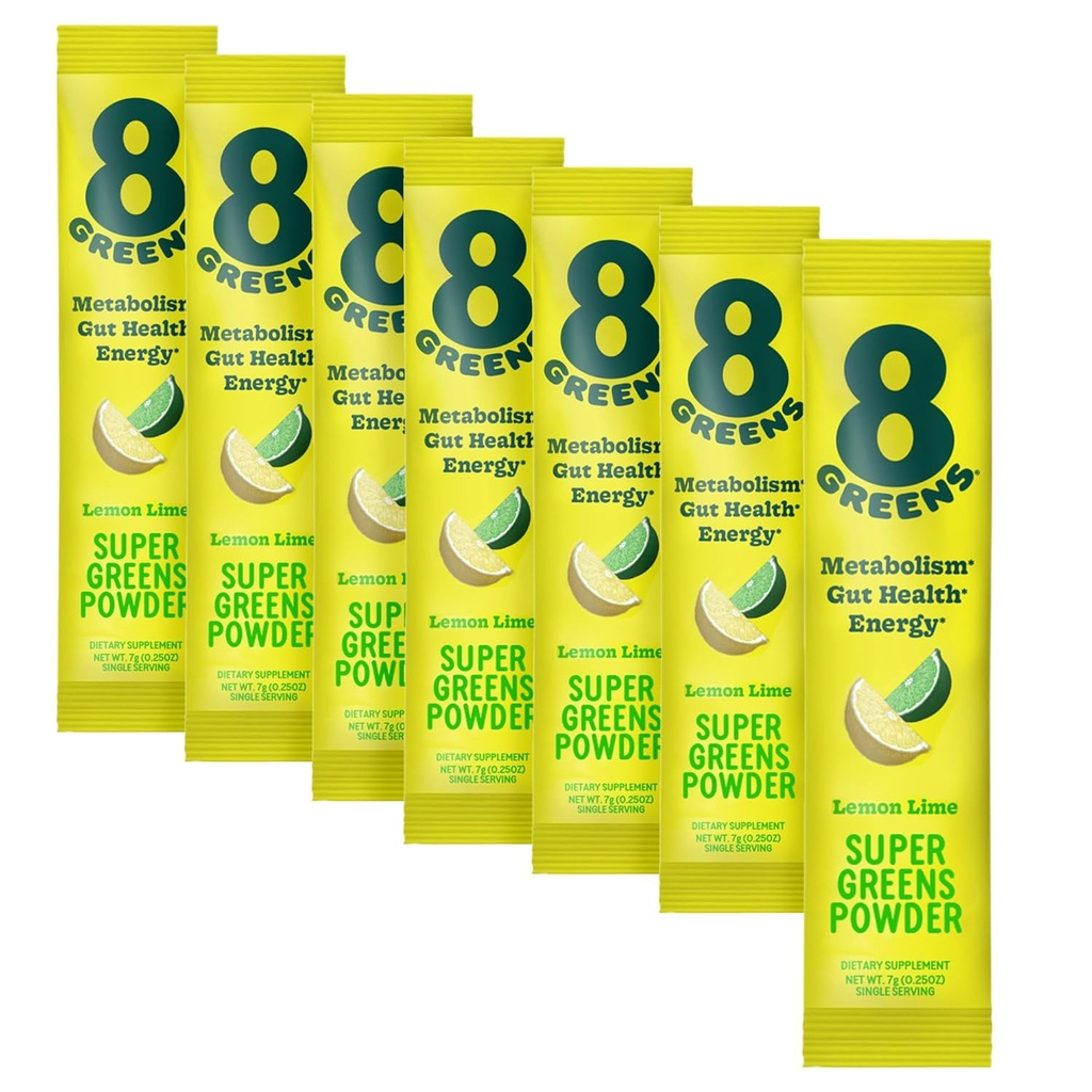 8Greens Super Greens Powder | Superfoods di miscela prebiotici e probiotici per la salute del fegato, Metabolismo, Debloating, con fibre, enzimi digestivi, organici: Spirulina, clorella, Lime di limone, 7 Servings