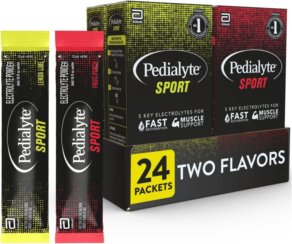 Polvere di elettrolita di sport di Pedialyte, idratazione veloce con 5 elettroliti chiave per il supporto muscolare prima, durante, durante, & dopo l'esercizio, 12 Lime di limone & 12 Punch di frutta, 0.49-oz Packets (24 Conte)