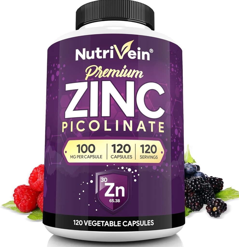 Nutrivein Premium цинку Picolinate 100mg - 120 капсули для дорослих: високоякісні цинкові добавки Picolinate - Ефірне небажання для загальної Wellness - Max Bioavailability
