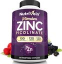 Nutrivein Premium Zink Picolinate 100mg - 120 kapslar för vuxna: High-Absorption Zink Picolinate Supplements - Essential Nourishment for Overall Wellness - Max Bioavailability