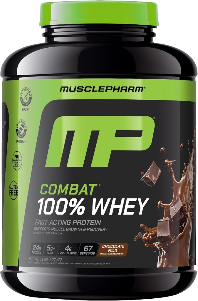 MusclePharm Combat % 100 Whey Protein Powder, txokolate-esnea, berreskurapen azkarra eta muskulu-irabazia Whey Isolate-rekin, Protein Powder altua emakumeentzat eta gizonentzat, Gluten Free, 5lb, 67 zerbitzu