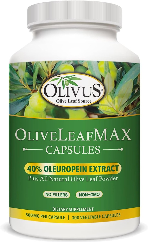 OliveLeafMAX 橄榄叶提取器(40% Oleuroepin) + 有机橄榄叶粉 + 无填料 + 300 蔬菜卡普尔 + 来源于西班牙,在GMP设施在美国制造