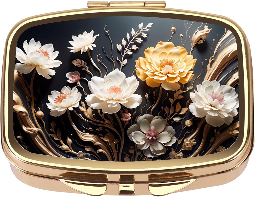 Mirror Retro Pocket ilə Dynippy Pill Case Pill Box 2 Qarşı Purse və Travel (Gold- Flower 1)