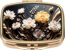 Dynippy Pill Case Pill Box Mirror Retro Pocket 2 Kompetite Medicine Case Vitamin Pill Organizer for Pocket Purse and Travel (Gold- Flower 1)