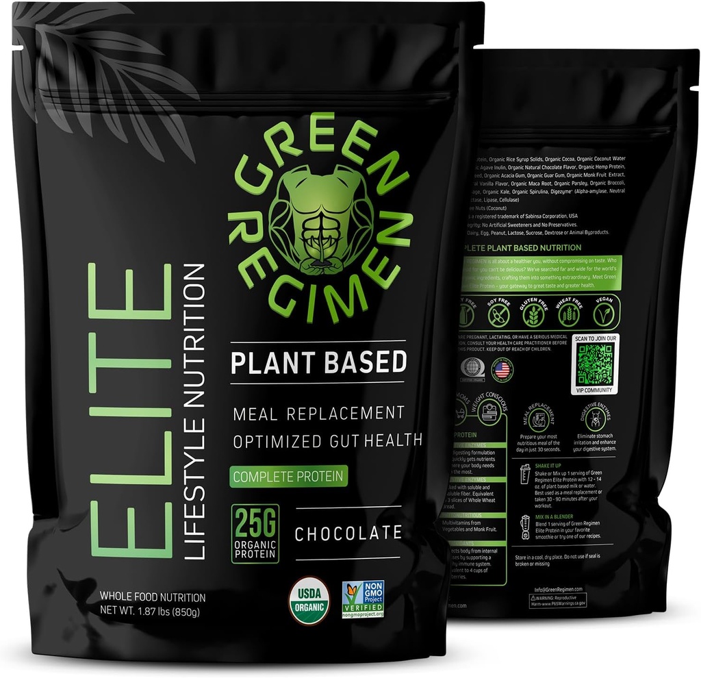 Green Regimen Elite Pflanzenbasiertes Proteinpulver - 25g komplettes Hanf & Pea Protein, Meal Replacement High-Protein Vegan Shake, NonGMO, Gluten-Free, Dairy-Free - (Chocolate - 1 Month Supply)