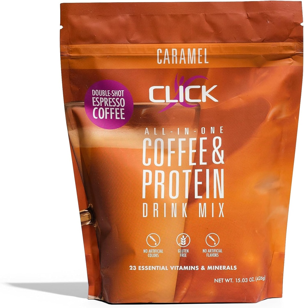 Klicka på Kaffeproteinpulver | Dubbel skott Espresso | 16g Protein | 23 Vitaminer | Låg kalori måltid ersättning | 150 mg koffein | Glutenfri | Inga konstgjorda smaker eller färger | Karamell