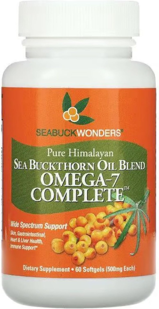 SEABUCKWONDERS Organic Sea Buckthorn Oil, Omega-7 Komplett Softgels, 60 greve, med Omega 3, 6 & 9, støtter hår, hud og negle helse, 1000mg per servering