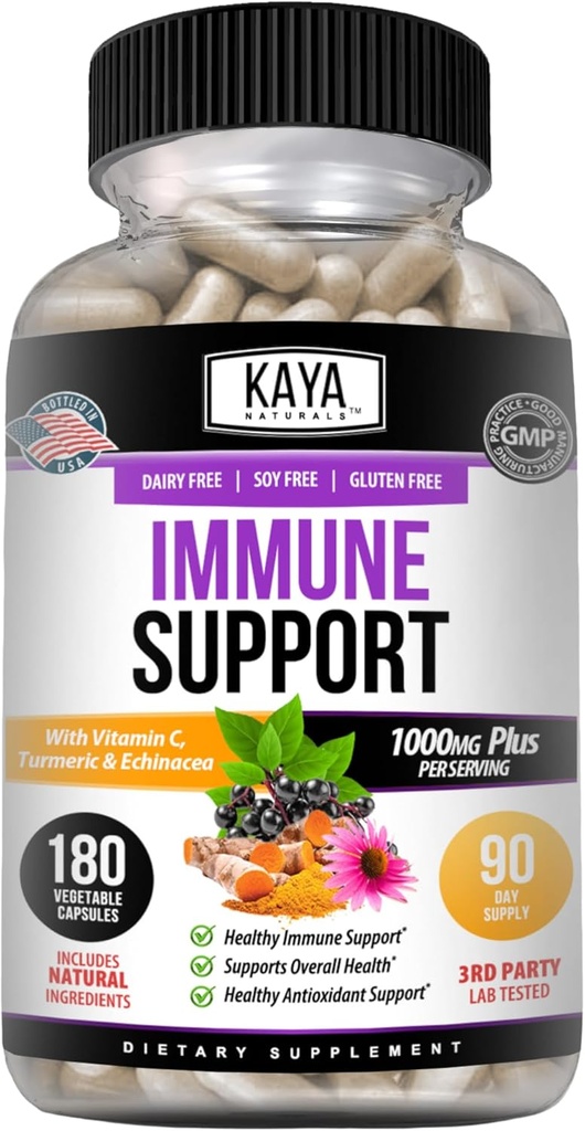 Kaya Naturals Elderberry Imunitation Support with Zinek and Vitamin C for Dospělí, Probiotika & Turmeric 1000mg Imunitary System Booster Sambucus Elderberry Kapsle - 180 Počet