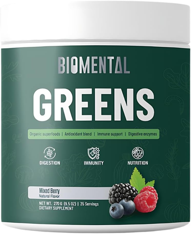 Biomental Greens Supplement- jagode-Detox - Prebavno zdravje, Antioksidant Mešanica, Zeleni Powder - Premium Green Imune Support Nutritional Supplement - Gut Podpora za moške in ženske 9.5 oz