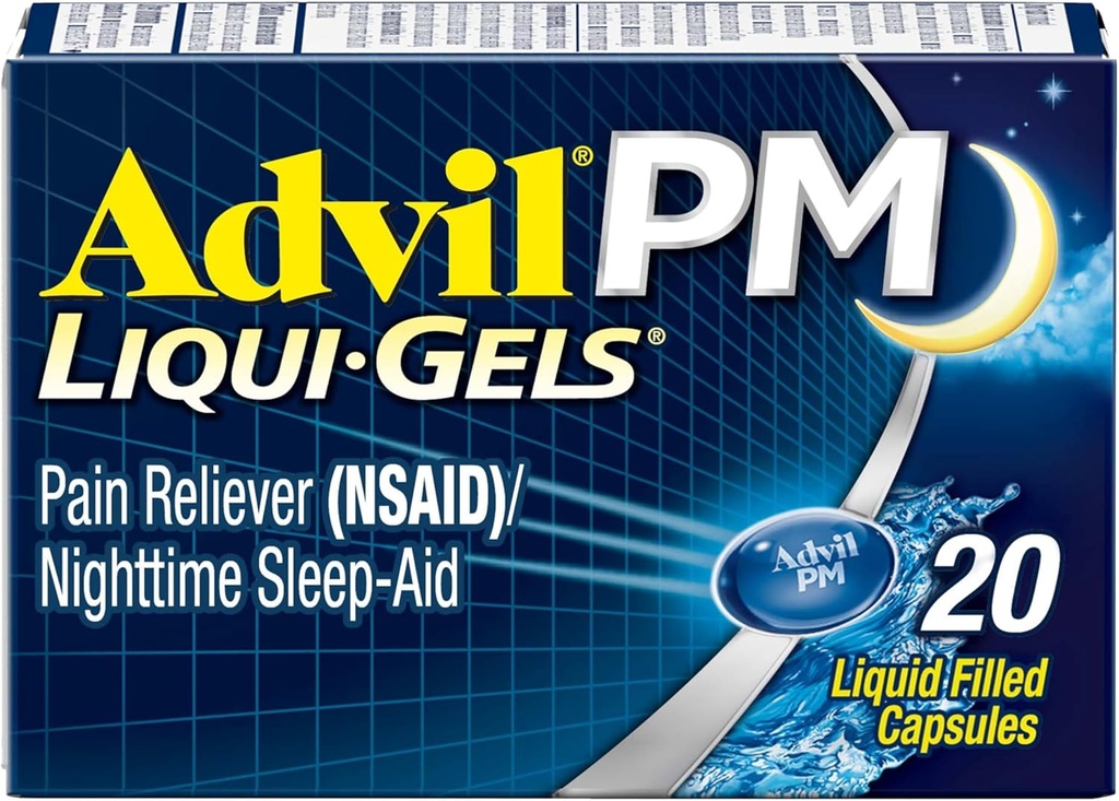 Advil PM Liqui-Gels analgésique et aide au sommeil de nuit, médecine de la douleur avec Ibuprofène pour soulager la douleur et Diphenhydramine HCL pour un aide au sommeil - 20 Capsules remplies de liquide - Retour au Collège