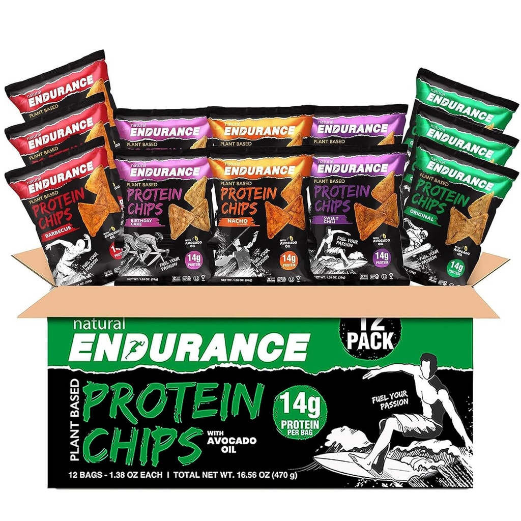 Natural Endurince Protein Chips - Lo Baixa Carb Chips, High Protein Snack, Vegan Protein amb Petroli Avocado, 14g Protein Per Baga, Guten Free, BBQ, Chili, pa de naixement original - Varie Pack, 1,8 Baggs (Pack de 12)