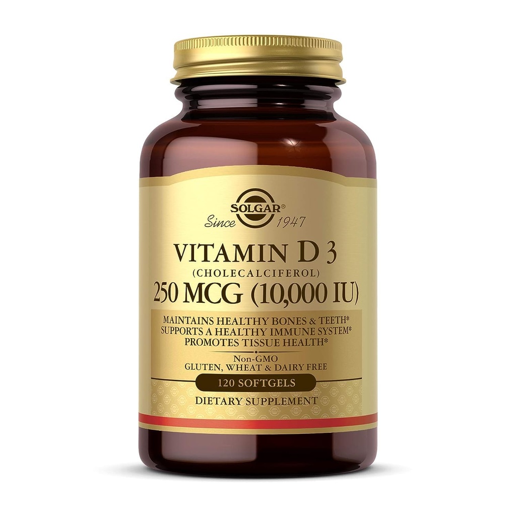 Solgar Vitamin D3 (Cholecalciferol) 250 MCG (10,000 IU), 120 Softgels - Helps Maintain Healthy Bones & Teeth - Immune System Support - Non GMO, Gluten/ Dairy Free - 120 Servings