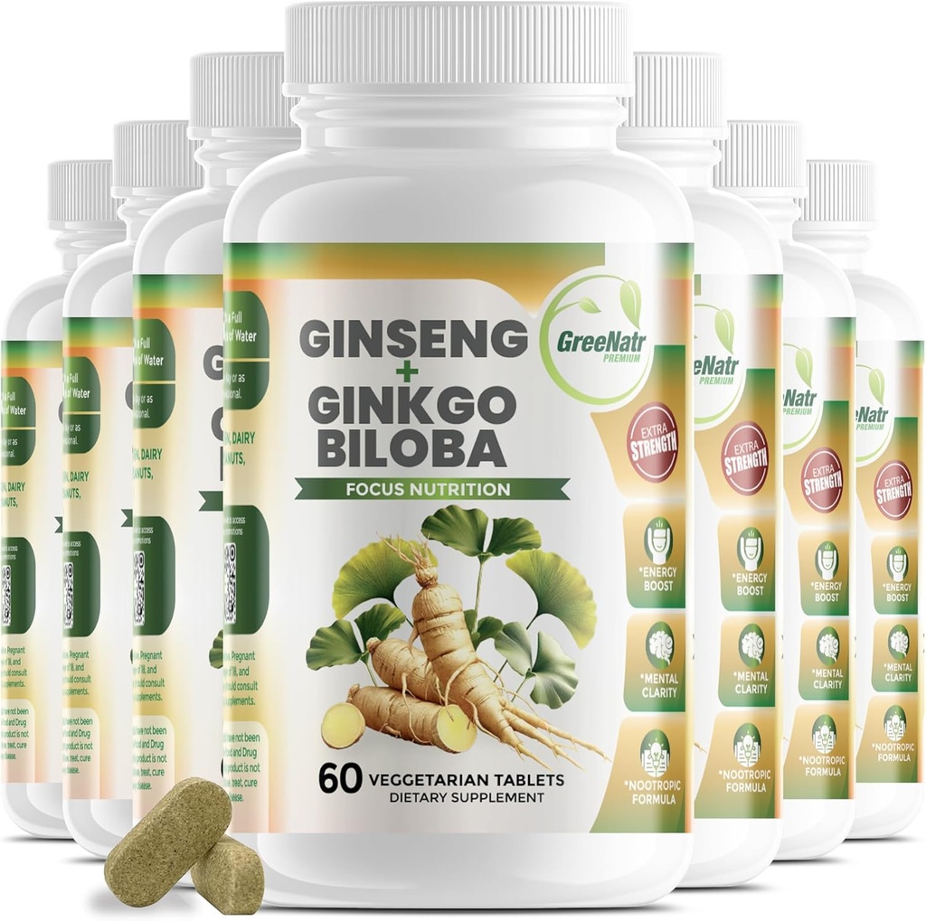 GreeNatr Ginko Biloba &amp; Panax Ginseng Supplement - Red Ginseng Brain Supplement for Memory and Focus - Ginkgo Biloba Supplements for Good Vision, Immune System and Improved Blood Flow - 12 Bottles