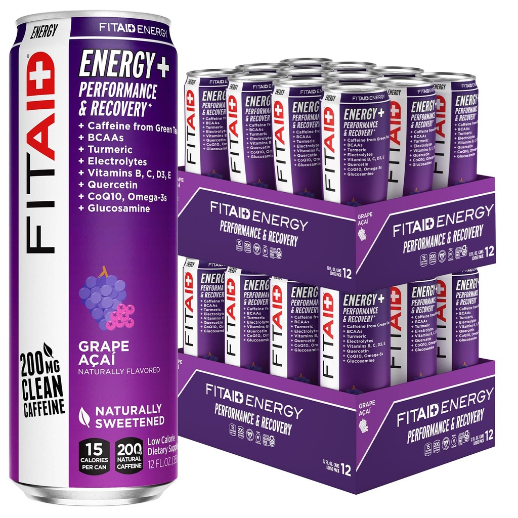 LIFEAID FITAID Energy Grape AggAI, 200mg Натуральний кофеїн, Keto, Pre-Workout Performance: BCAAs, Quercetin, Electrolytes, Omega-3s, 15 Калорії, Палео, Vegan & Gluten-Free,12-oz (Pack of 24)