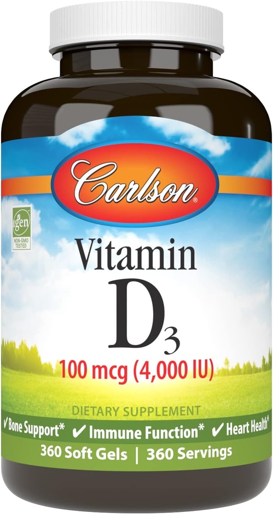 Carlson - D3- vitamin 4000 IE (100 mcg), immunforsvar, knoglerelateret, muskelsundhed, cholecalciferol, D- vitamintilskud, D3- vitamin Soft Gels, 360 Softgels