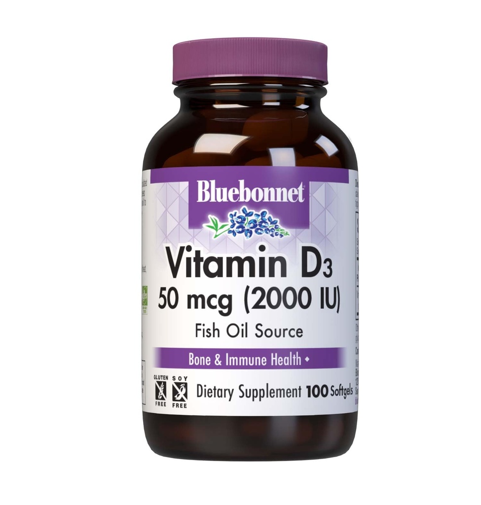BlueBonnet Vitamin D3 2000IU 50mcg D3 Vitamin for Women & Men - Strong Bones & Immune Support - Cholecalciferol from Deep Sea Fish Oil - Non-GMO Safflower Oil - Easy-to-Swallow VIT D - 100 Softgels