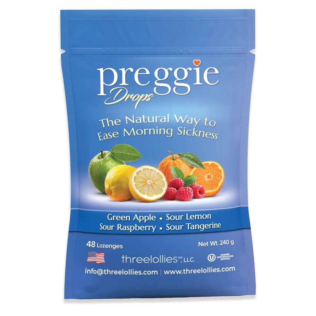 Three Lollies Preggie Pop Drops - 48 Lozenges - Ease Morning Sickness During Pregnancy, Made with Essential Oils & Fruit Extracts - Natural Lozenges for Nausea, Lemon, Tangerine, Raspberry & Apple
