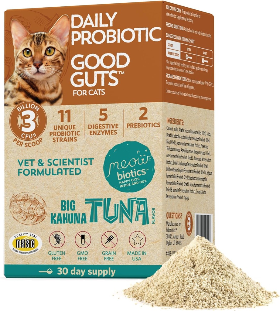 Meowbiotics Good Guts for Cats Probiotic Powder, 11 Probióticos Strains, 2 Prebióticos, 5 Digestive Enzymes for Digestive Support, Tuna Flavor, Probióticos para gatos, Indoor & Outdoor (30 días)