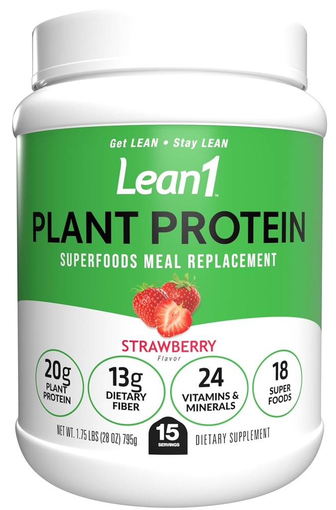 Lean1 Tanaman berbasis bubuk Protein, Pengganti Meal, rasa strawberry, 15 melayani