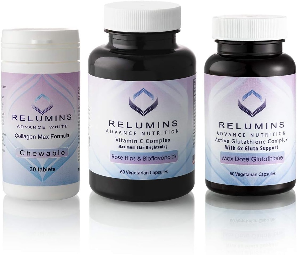 Relumins Advance White Triple Capsule MAX Set - MAX Dose Glutathione με 6X Boosters, Collagen MAX Chewable Tables και Βιταμίνη C MAX - Maximum Skin Lightening and Rejuvenating (Εφοδιασμός ενός μήνα)