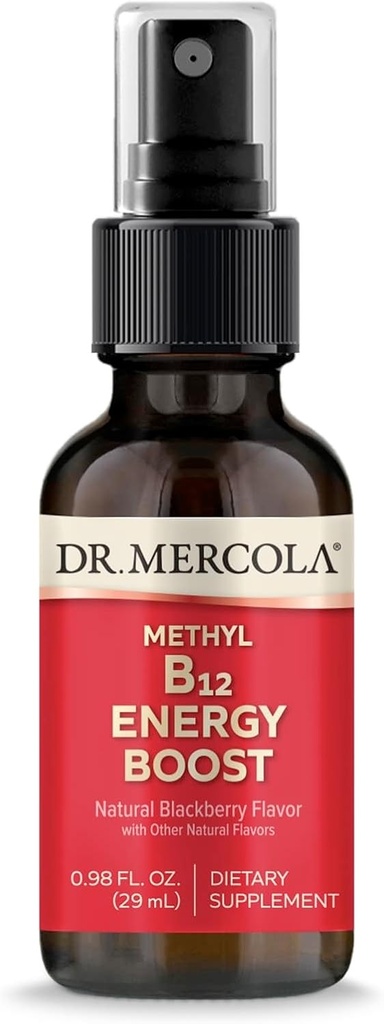 Dr. Mercola Metil B12 Energy Boost Spray, 0,98 Fl. Oz. (29 ml), 39 Servings, 1000 mcg Per Serving, Diétás kiegészítés, Supports Mental Focus, Non-GMO