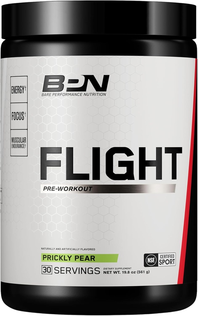 BARE PERFORMANCE NUTRITION BPN Flight Pre Workout, Unterstützt Energie und Mental Fokus, Verbesserte Endurance & Muskel-Pumpen mit CarnoSyn® Beta Alanine, Prickly Pear, 30 Portionen