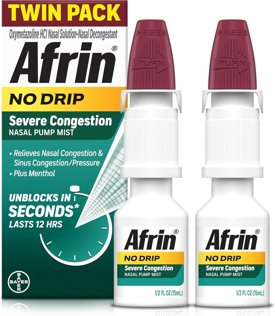 Afrin No Drip Congestion Nasal Mist Pack, Non-Drowsy, Fating-Acting Congestation và Sinus áp lực, người lớn và trẻ em 6 tuổi, .5 hz (Pack 2)