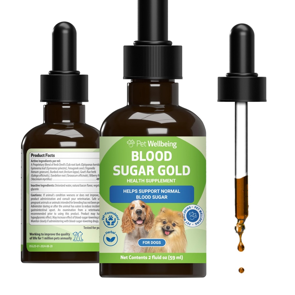 Pet Wellbeing Blood Sugar Gold Dogs - Holistic Blood Sugar Support, Pancreas & Liver Health, Gymnema, Fenugreek & Devil’s Club - NASC Certified & Vet-Formulated - 2 oz Liquid