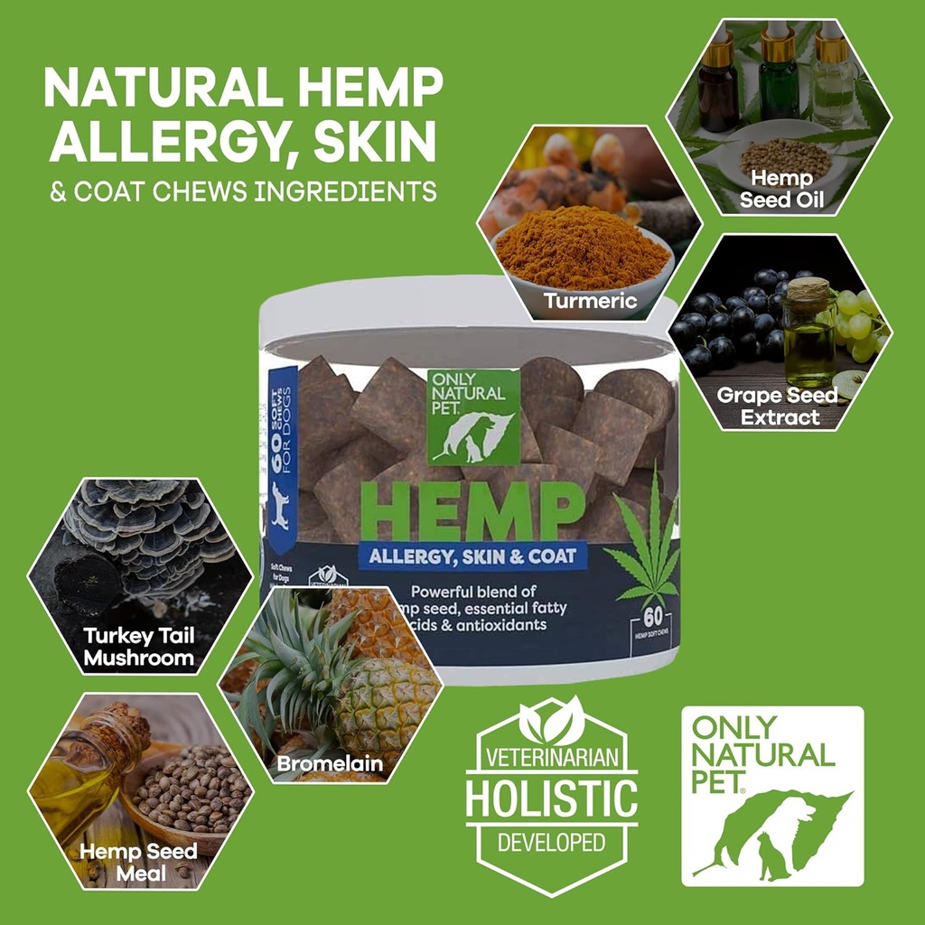 רק אלרגיה טבעית, Skin & Coat Hemp Soft Chews - Allergy Immune Bites for Dogs, אומגה 3 תוסף, קלמינג טיפול עבור Itchy Skin Relief, Hot Spot - 60 Count) (AL).