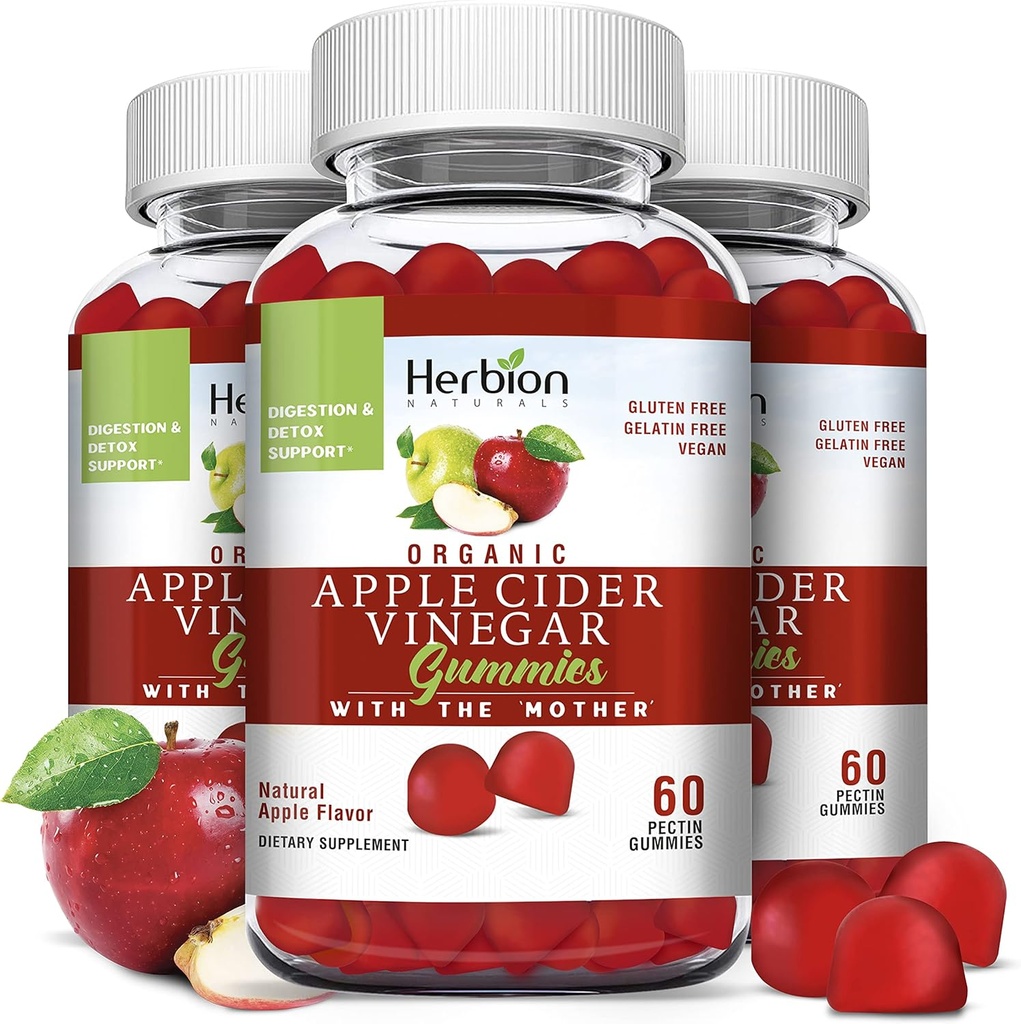 HERBION Naturals Organic Apple Cider vingar Gumies z “Mati”, Digestion in Detox podpora, pektin na osnovi, Vegan, Izdelano v ZDA - (Pack 3, 180 Gummies)